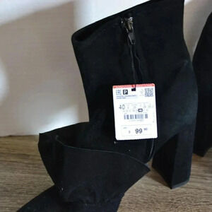 Black  Suede Ruffle Booties with Block Heel